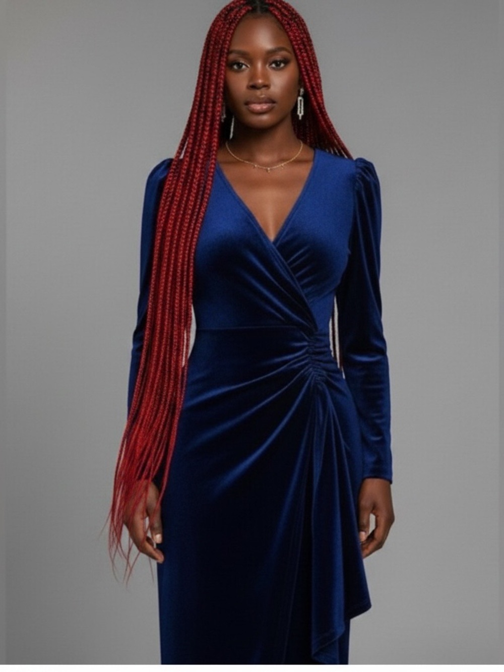 Elegant Navy Surplice Velvet Wrap Dress